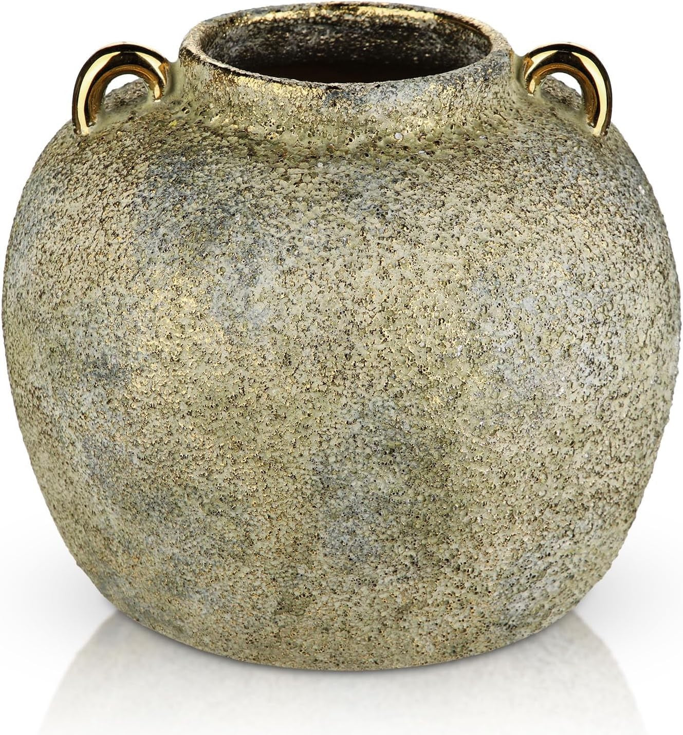 Rustic Gold Ceramic Vase 20cm with Handles Farmhouse Pampas Decor