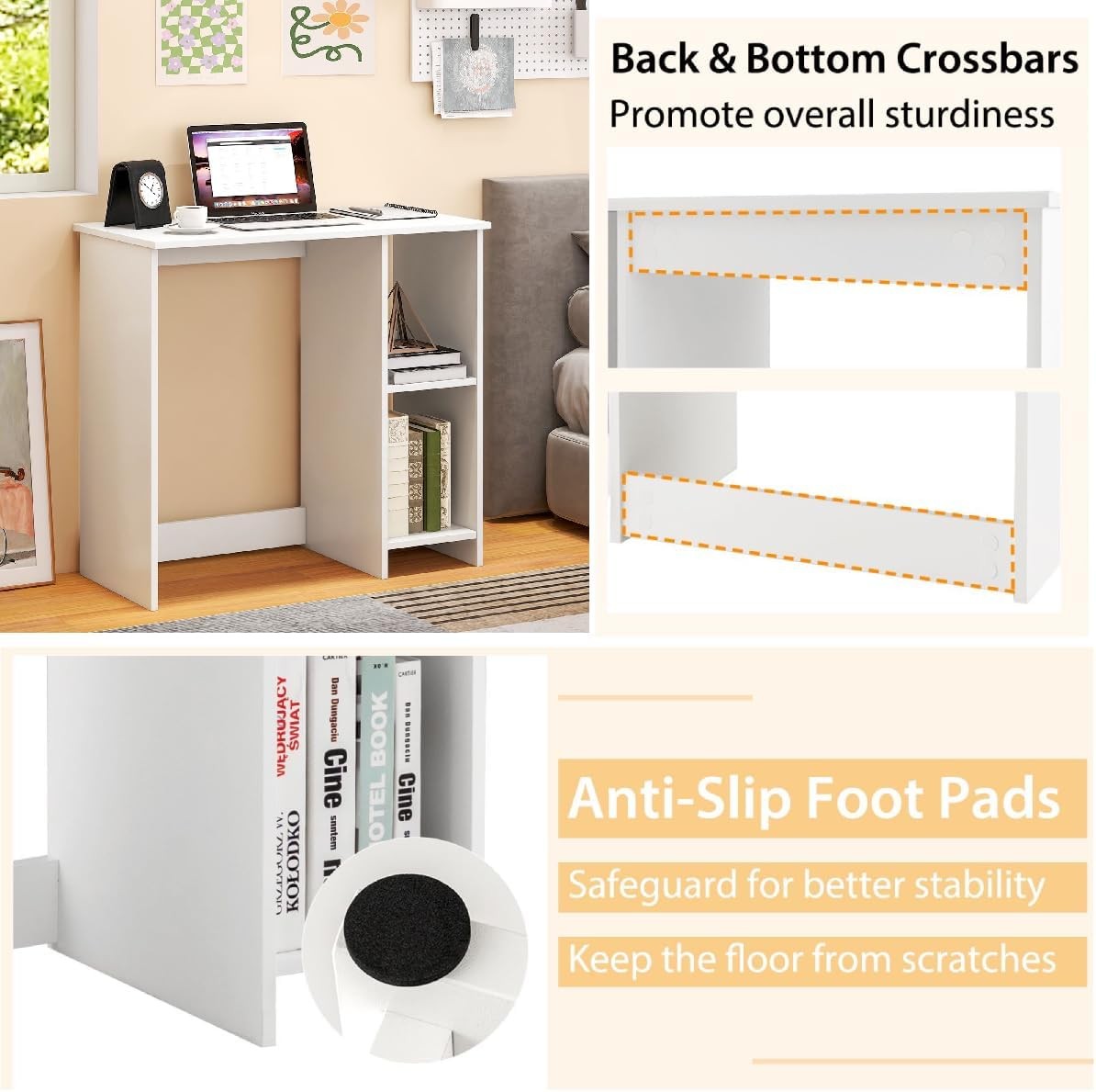 Compact Computer Desk with Shelves Small Space Home Office Laptop Table White