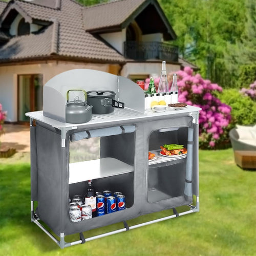 Outdoor Folding Camping Kitchen Table with Storage & Windproof Design Grey