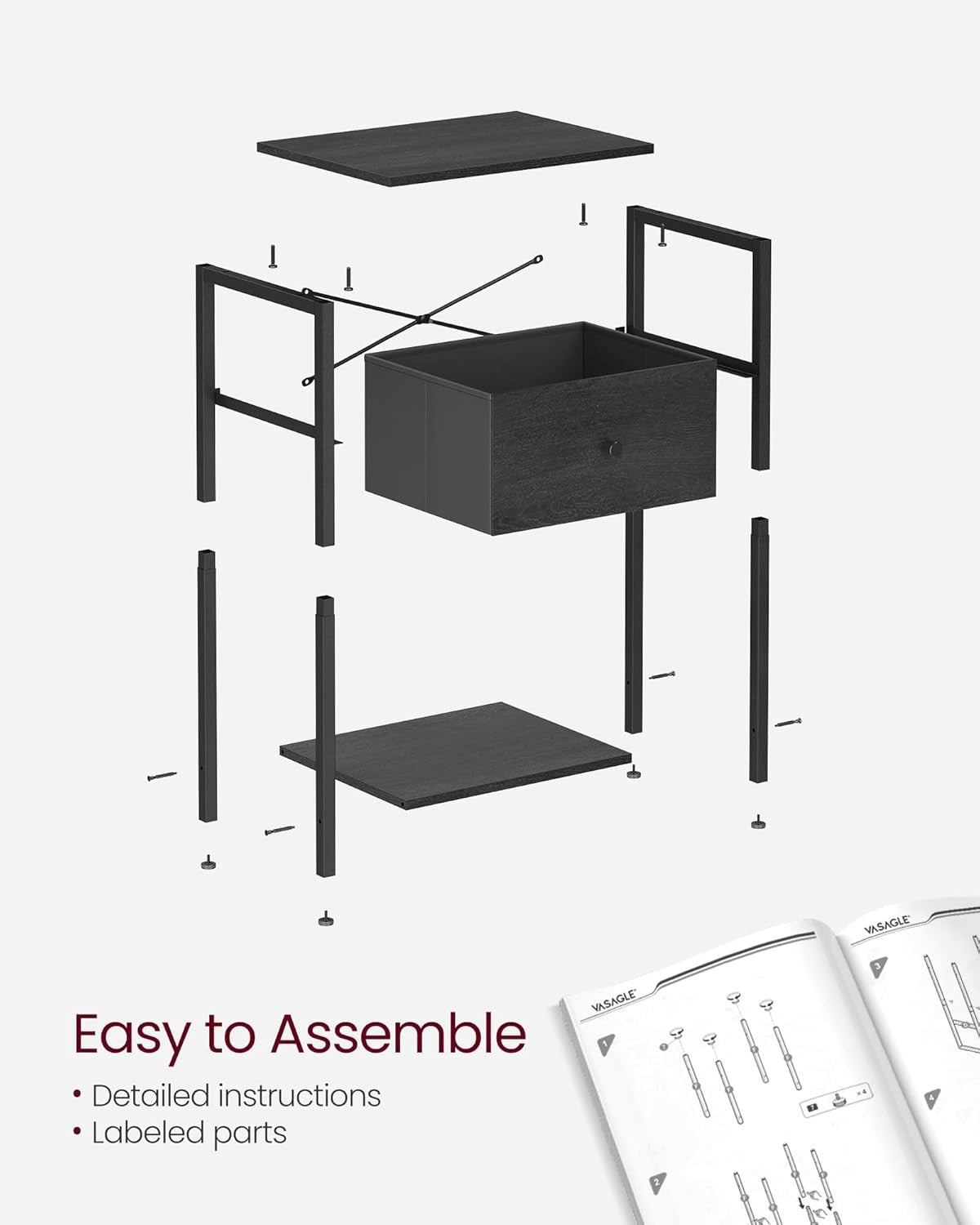 Set of 2 Tall Black Bedside Tables with Fabric Drawer & Storage Shelf