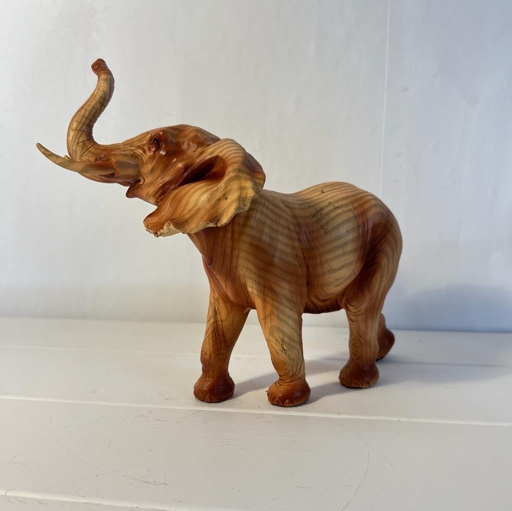 Wood Effect Elephant Ornament | Resin Wildlife Decor | Raised Trunk Figurine