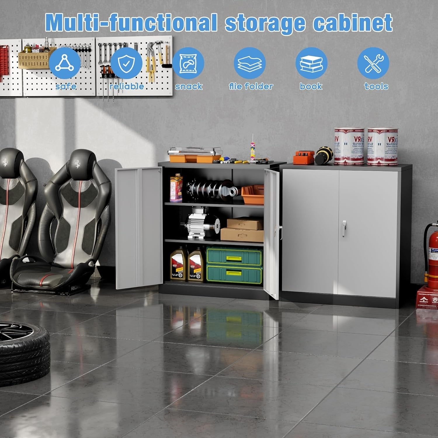 Black Grey Lockable Metal Storage Cabinet 80x40x90cm Steel Tool Cupboard