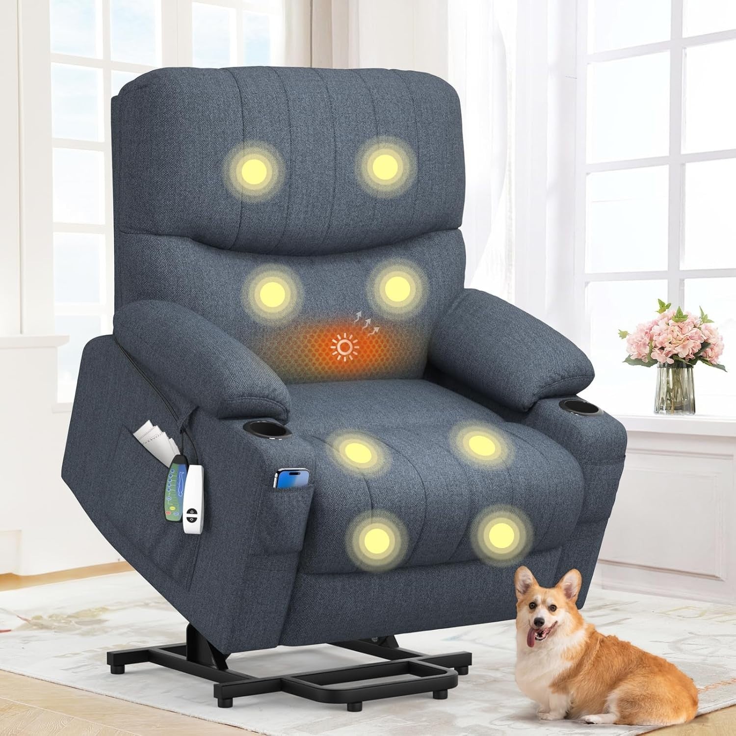Electric Lift Recliner Chair Oversized Massage Heat USB Type-C Dark Blue Sofa