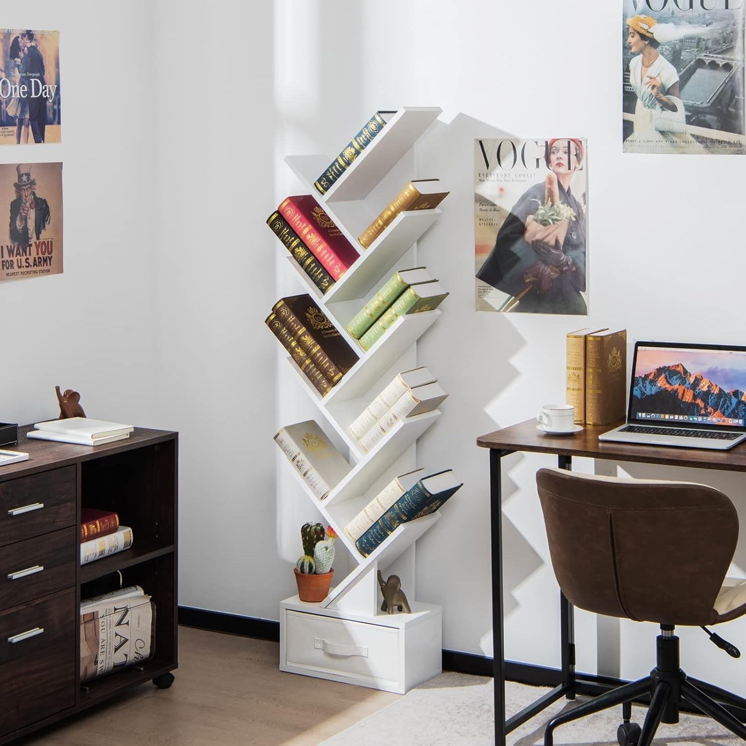 Modern 10-Tier Tree Bookshelf Slim Space-Saving Display Rack for Home Office