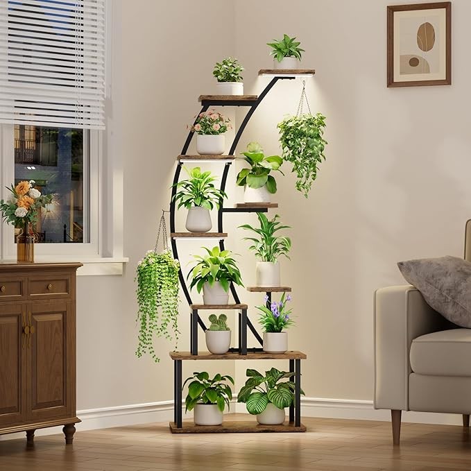 9 Tier Metal Plant Stand with Grow Lights Tall Indoor Flower Display Shelf