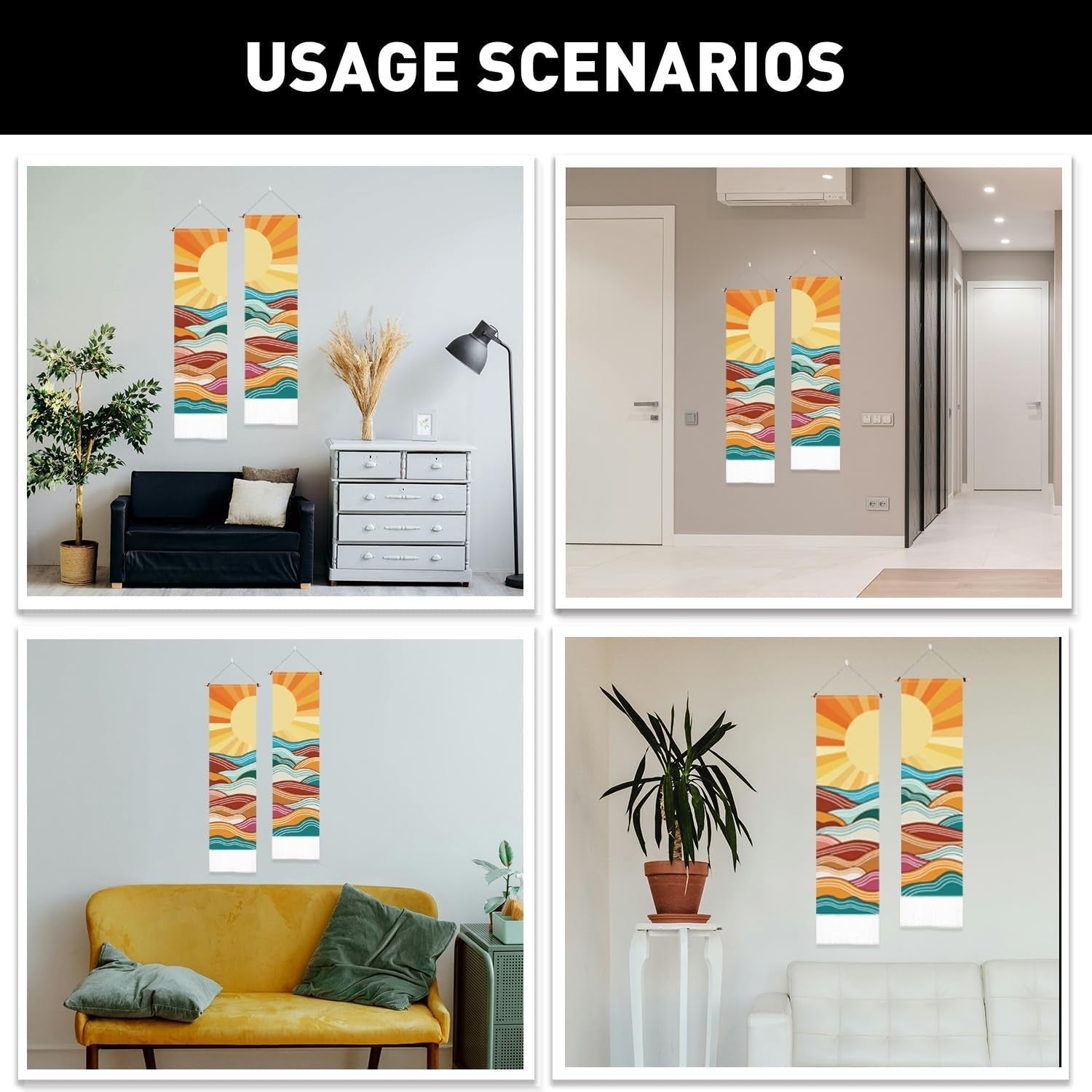 2-Pack Boho Sun Moon Tapestry 52"x13" Vertical Wall Decor 2 clrs