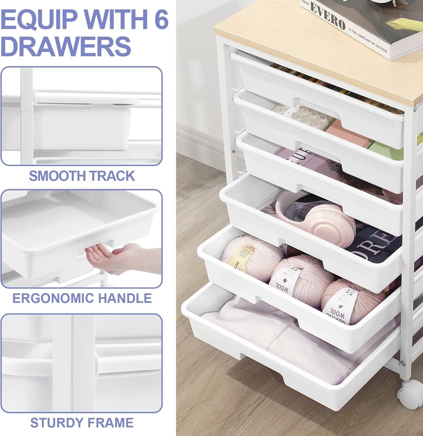 White 6 Drawer Rolling Storage Cart Utility Organizer Trolley Wheels