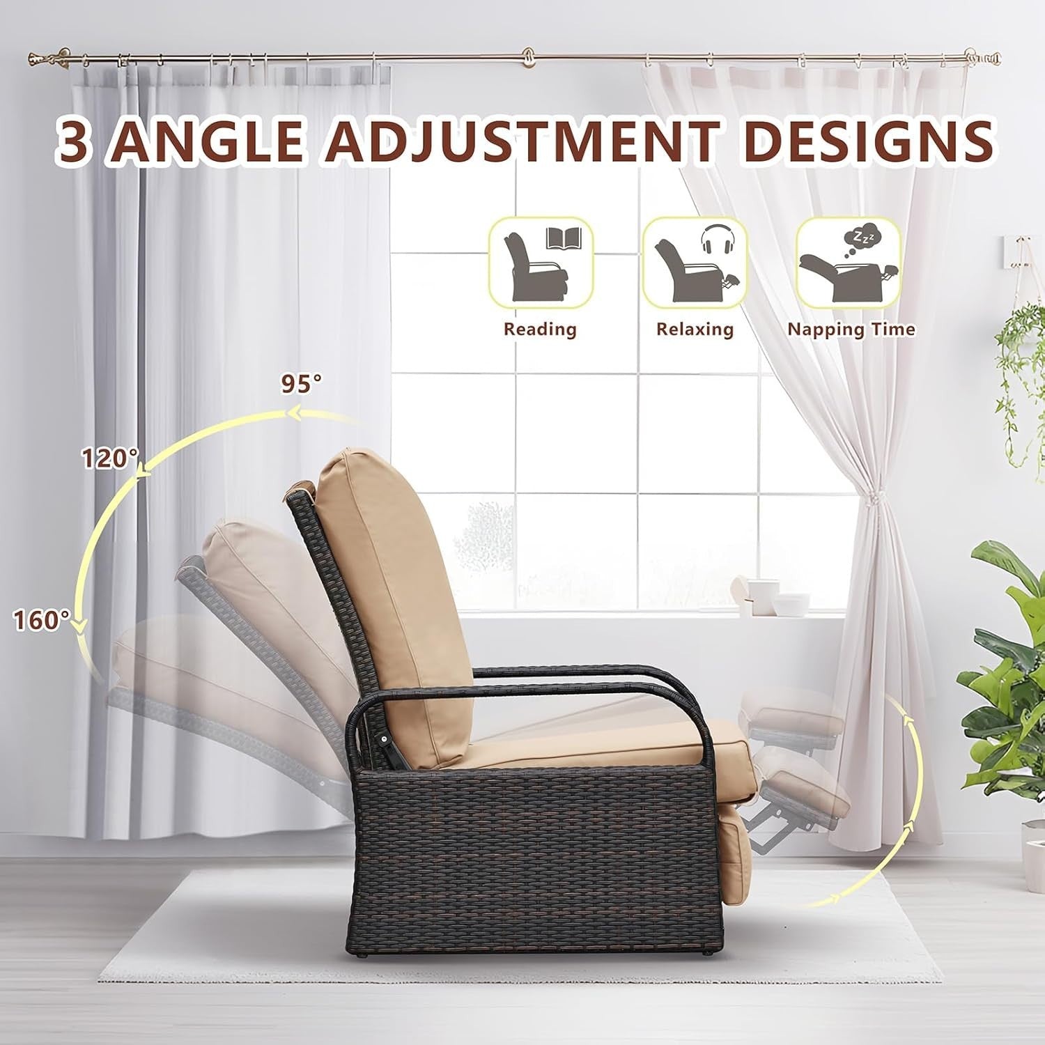 Reclining Outdoor Garden Chair with Cushions Rattan Frame Weatherproof