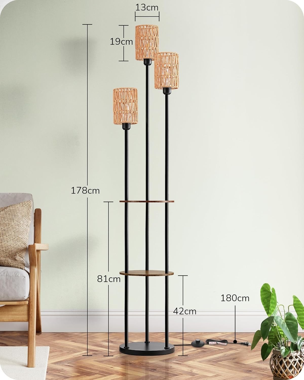 3-Light Boho Floor Lamp with Shelves & Rope Shades, Warm LED Lighting