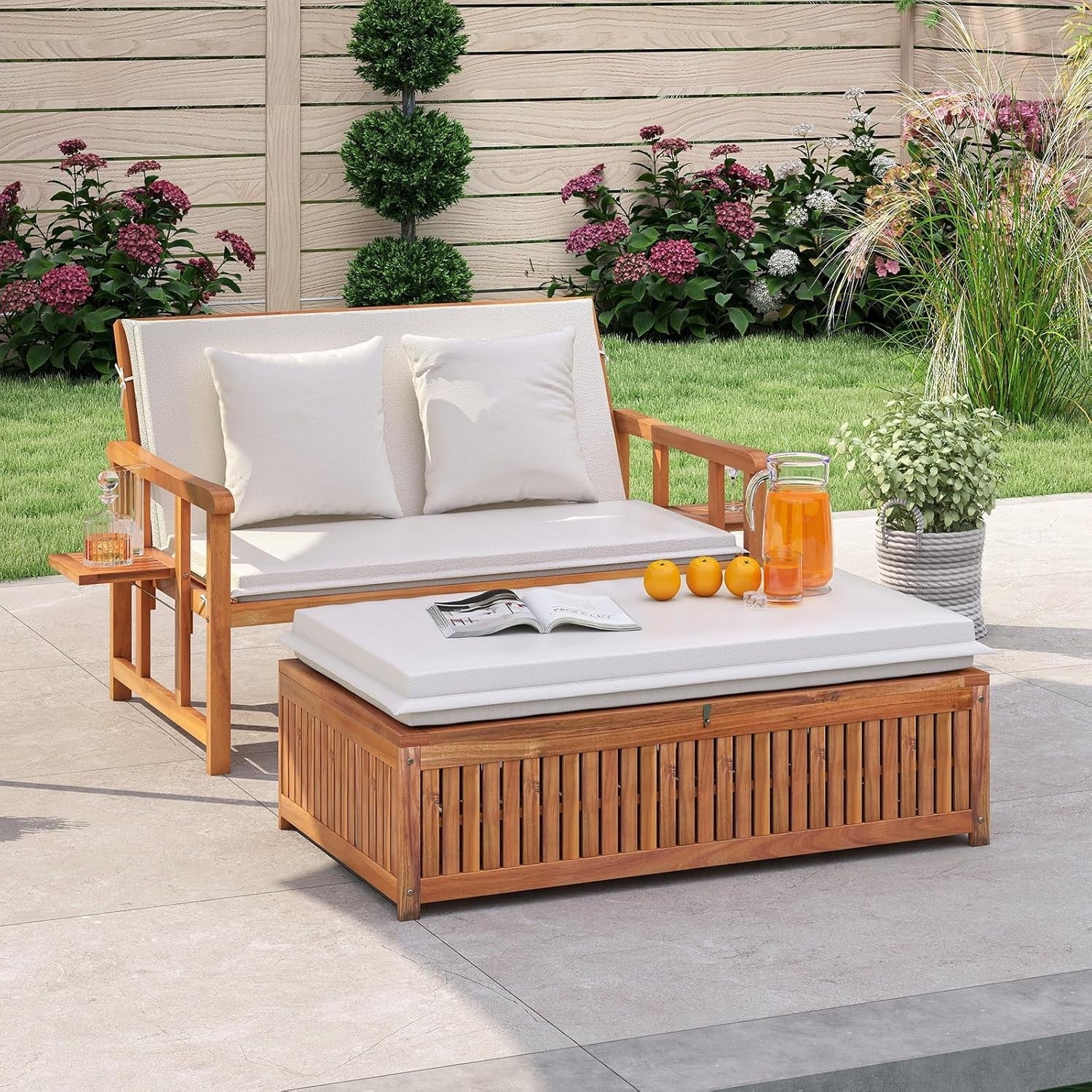 Acacia Wood Outdoor Loveseat & Ottoman Daybed with Cushions, Adjustable Back