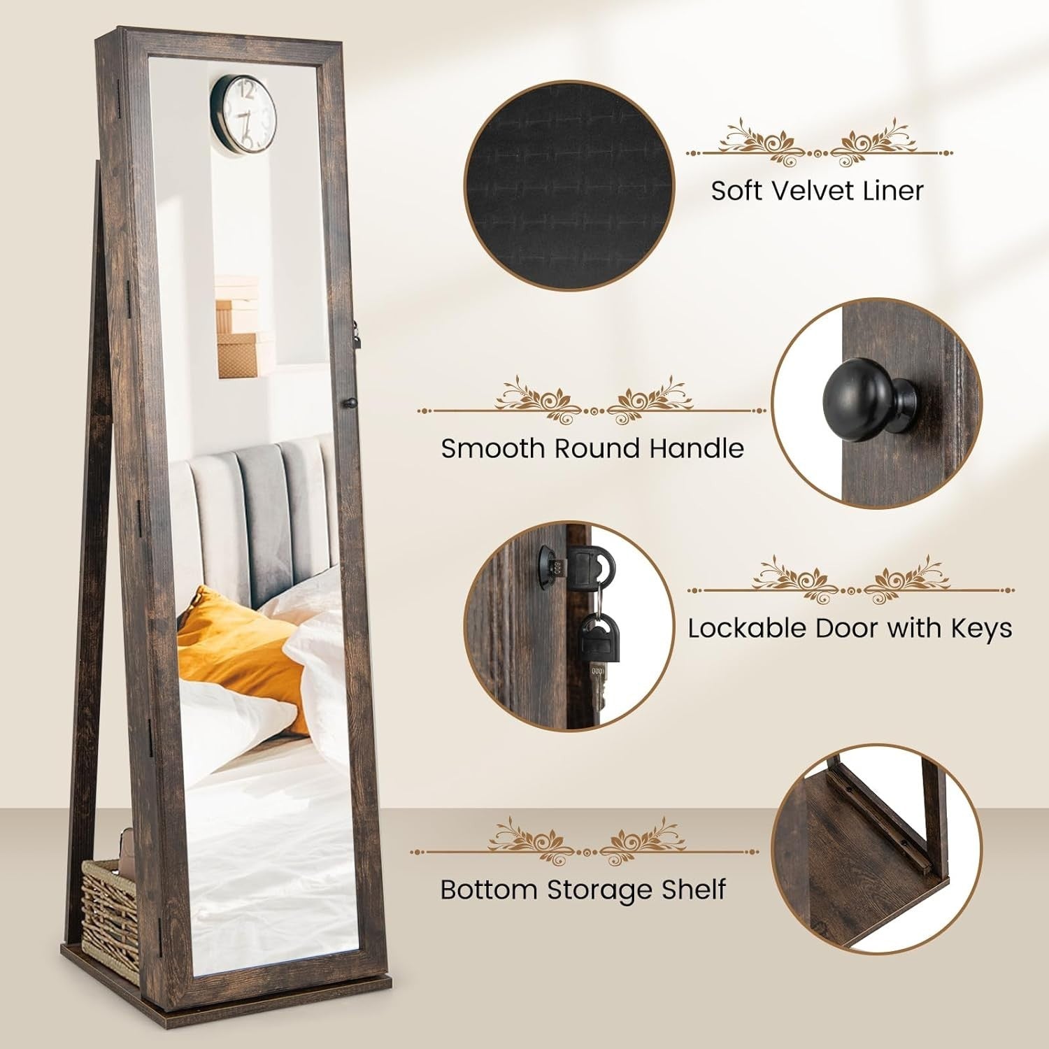 Rustic Brown Rotating Jewelry Armoire Lockable Mirror Storage Cabinet