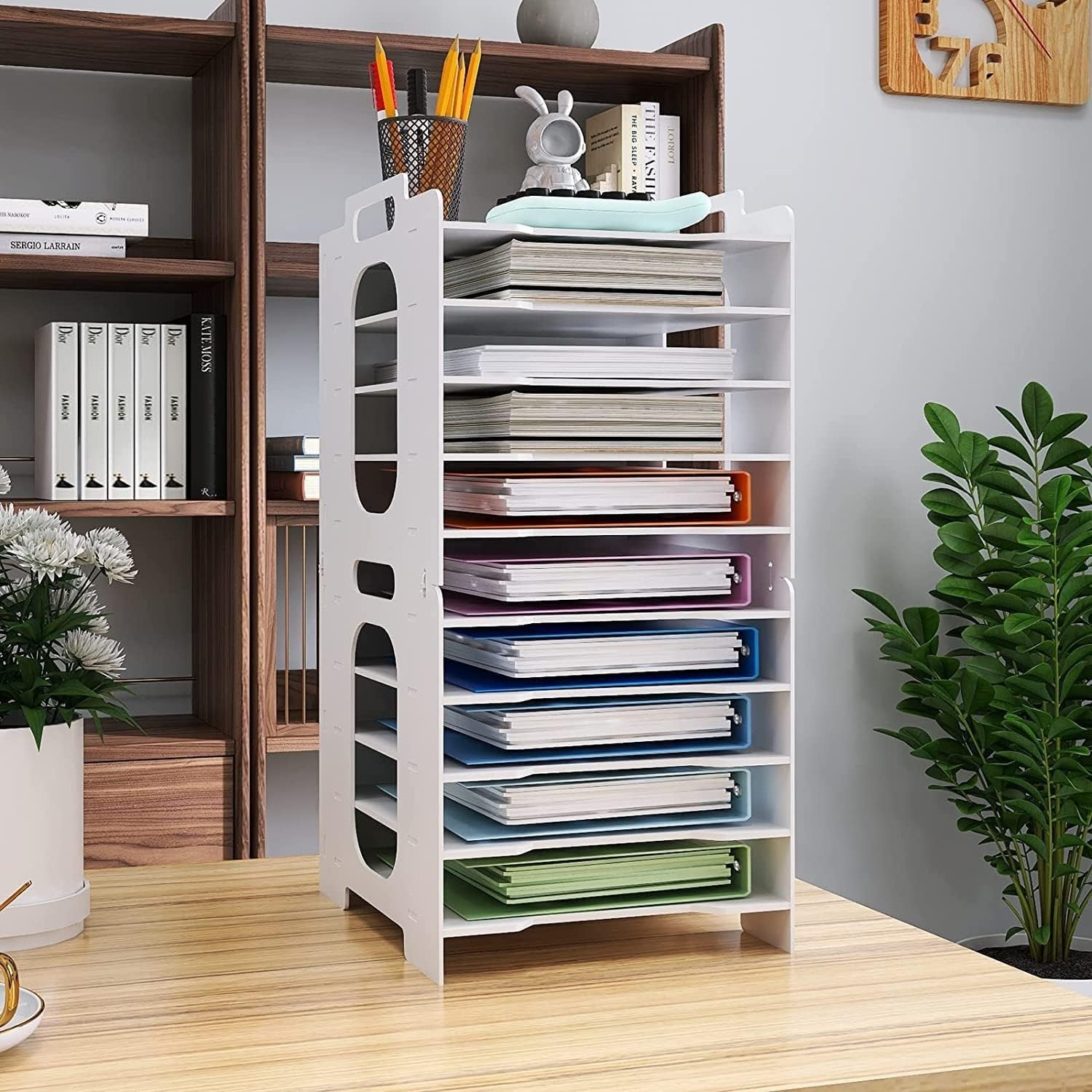 10-Tier White Desk Paper Tray Organizer for A4 Files & Documents