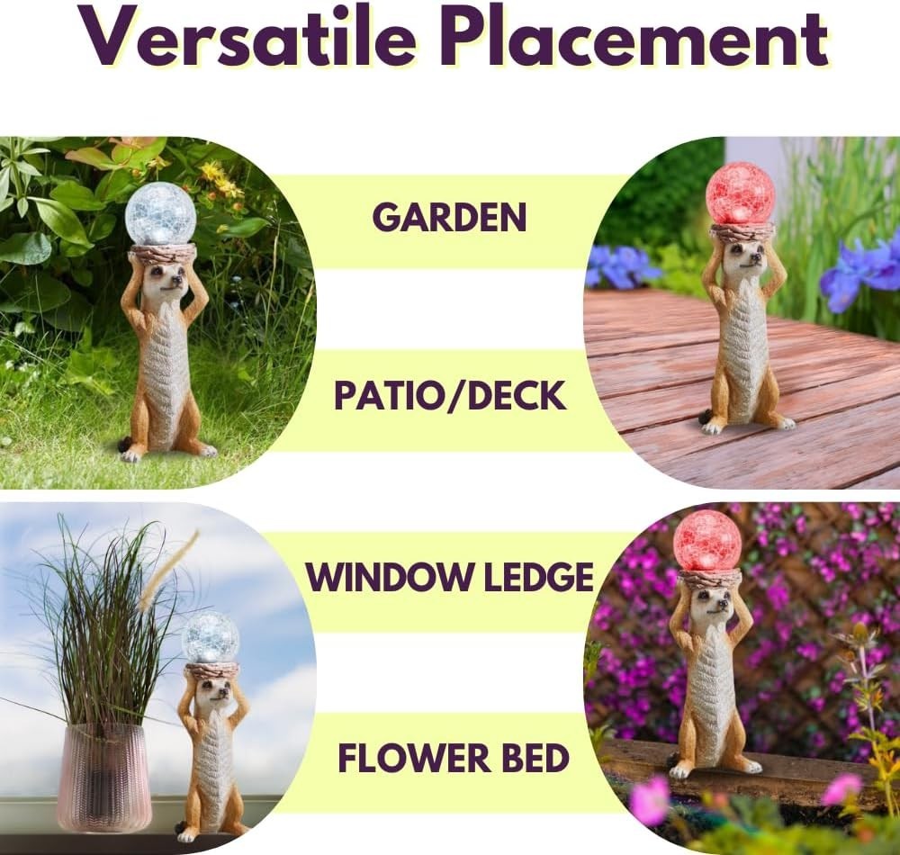 Solar LED Meerkat Garden Ornament with Crackle Glass Ball 37cm Resin Outdoor