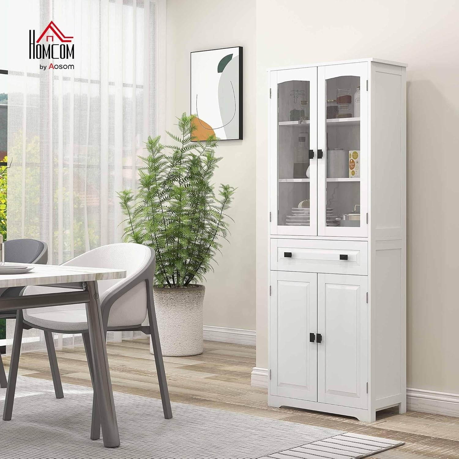 Tall White Kitchen Storage Cabinet Cupboard with Drawer & Glass Doors 160cm