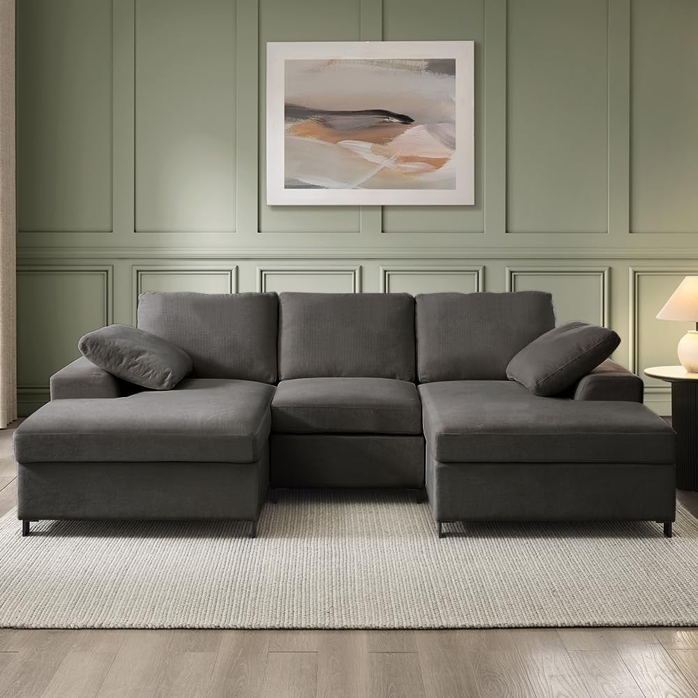 Grey Fabric U-Shaped 5 Seater Sofa with Chaise & Storage Footstool Option