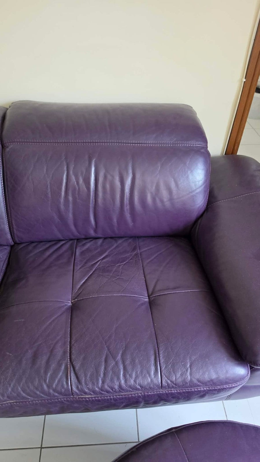 Large Purple Leather Corner Sofa + Footstool (PTP)