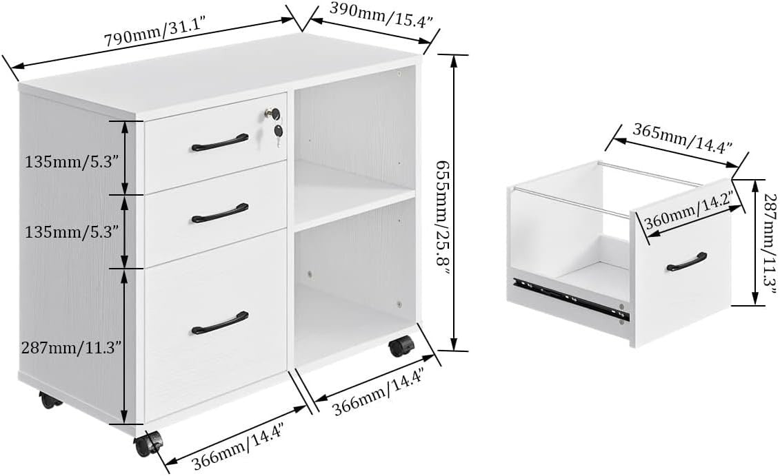 White Lateral Mobile Filing Cabinet 3 Drawer Printer Stand Storage