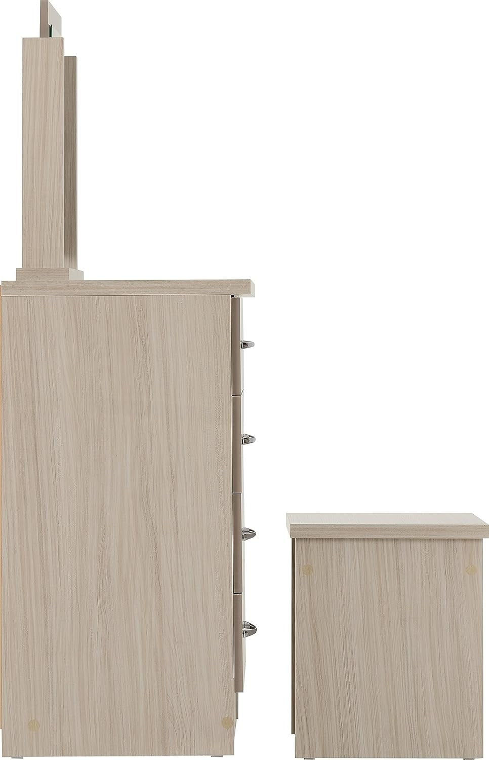 Modern Dressing Table Set Glass Top 4 Drawer Stool Mirror Light Oak Veneer