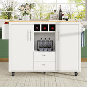White Kitchen Island Trolley on Wheels w/ Foldable Top, Wine Rack & Storage