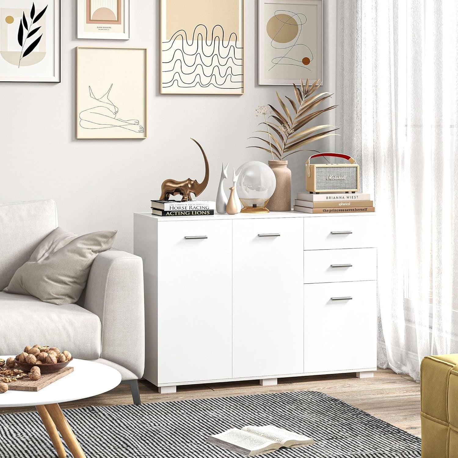 Modern White Sideboard Cabinet with 2 Drawers & 3 Doors – Adjustable Shelves