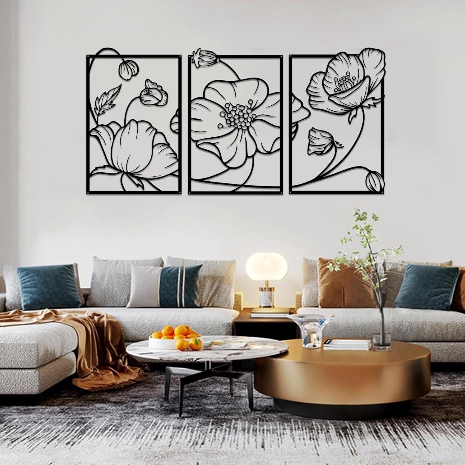 3Pcs Black Metal Flower Wall Art Minimalist Floral Decor