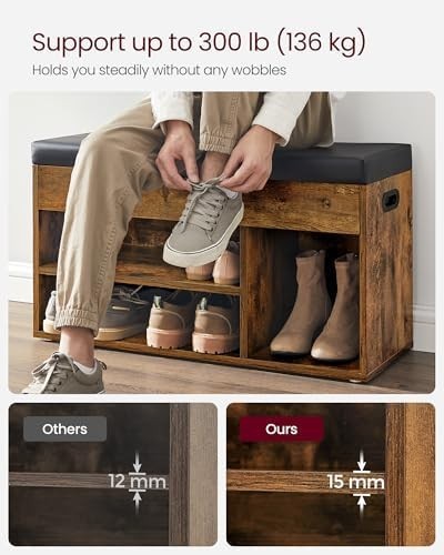 Rustic Brown Shoe Storage Bench with Cushion 3 Compartments Hidden Shelf Seat