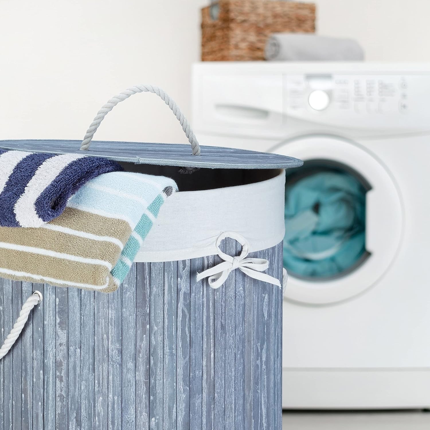 White Round Bamboo Laundry Basket 80L with Lid & Cotton Liner Foldable 65×41cm