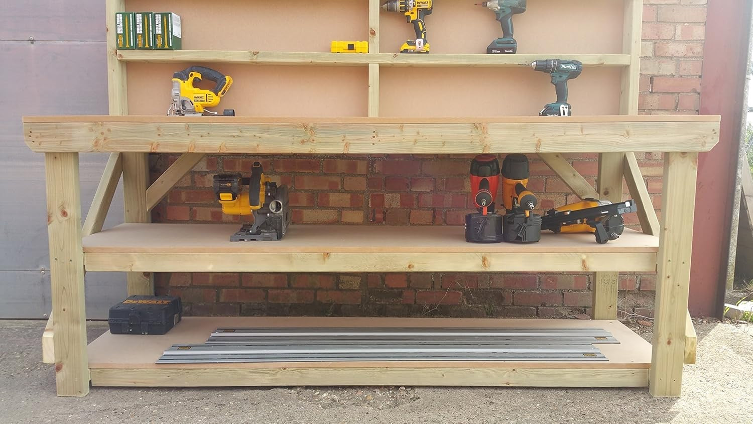 5ft Heavy Duty Wooden Workbench MDF Top Backboard Double Shelf Garage Table