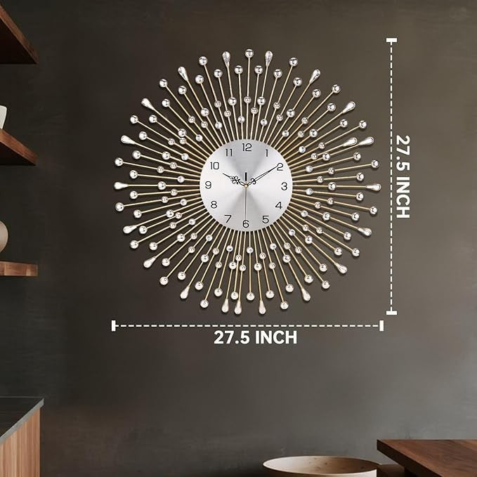 Large 70cm Gold Crystal Wall Clock Silent Luxury Metal Sunburst Modern Decor