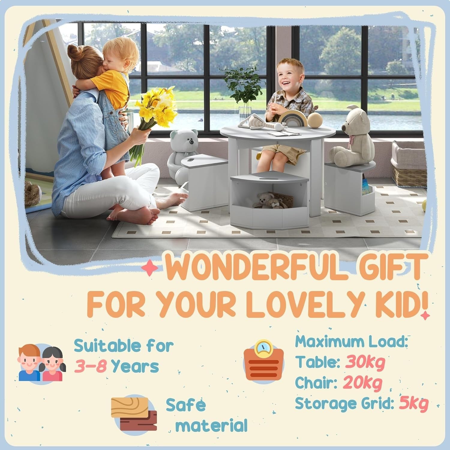 Kids Table and 4 Chairs with Storage Set Grey Round Playroom Activity Desk