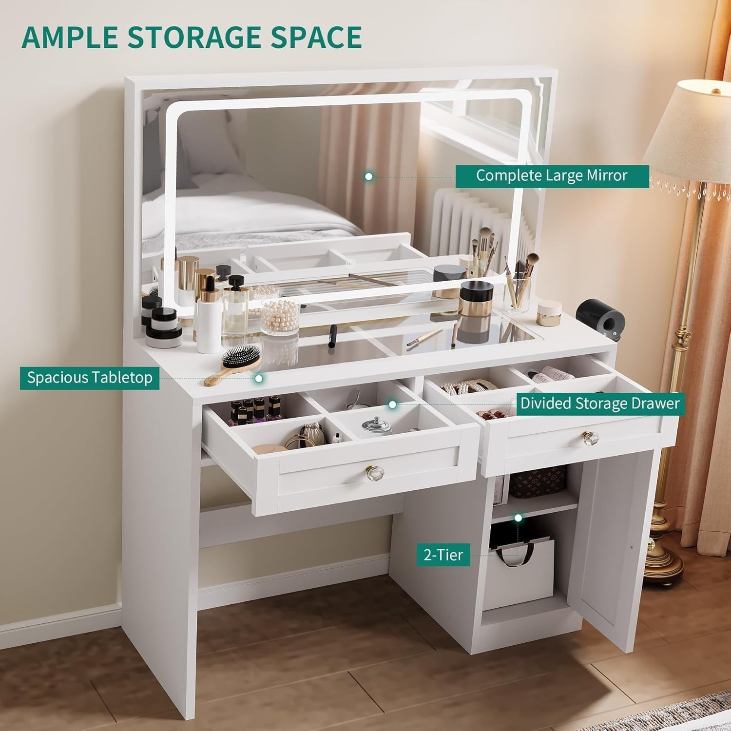 Dressing Table Vanity Set Mirror Lights Desk 2 Drawers Charging Hub S