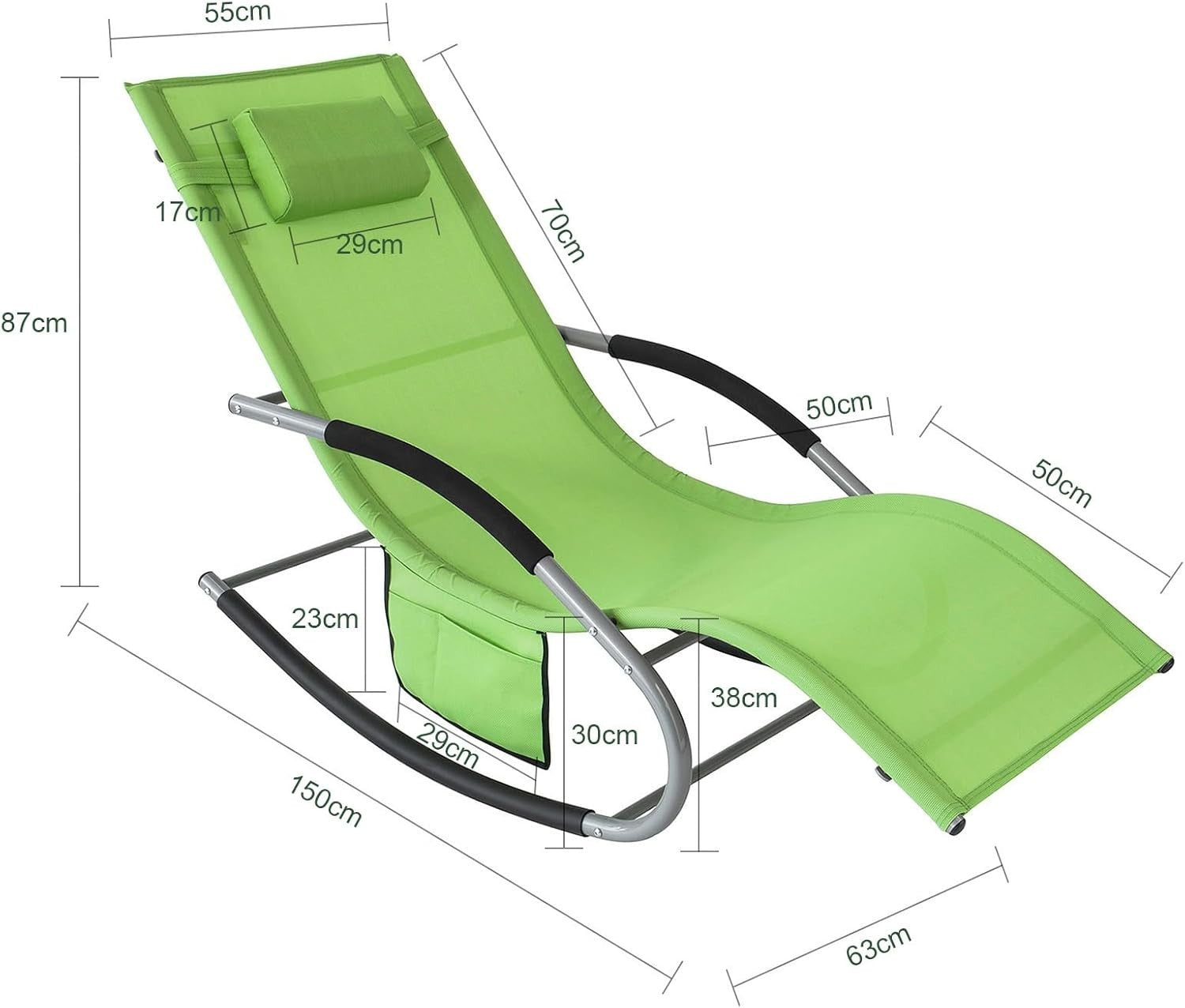Ergonomic Outdoor Rocking Sun Lounger Chair with Cushion & Side Pocket Green
