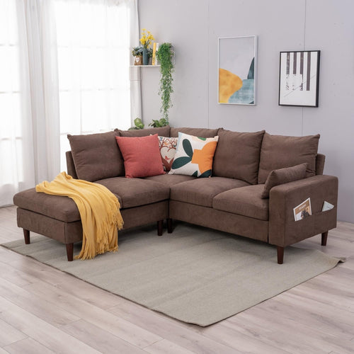 5 Seater L Shape Corner Sofa Brown Linen Chaise USB Port Modern Couch