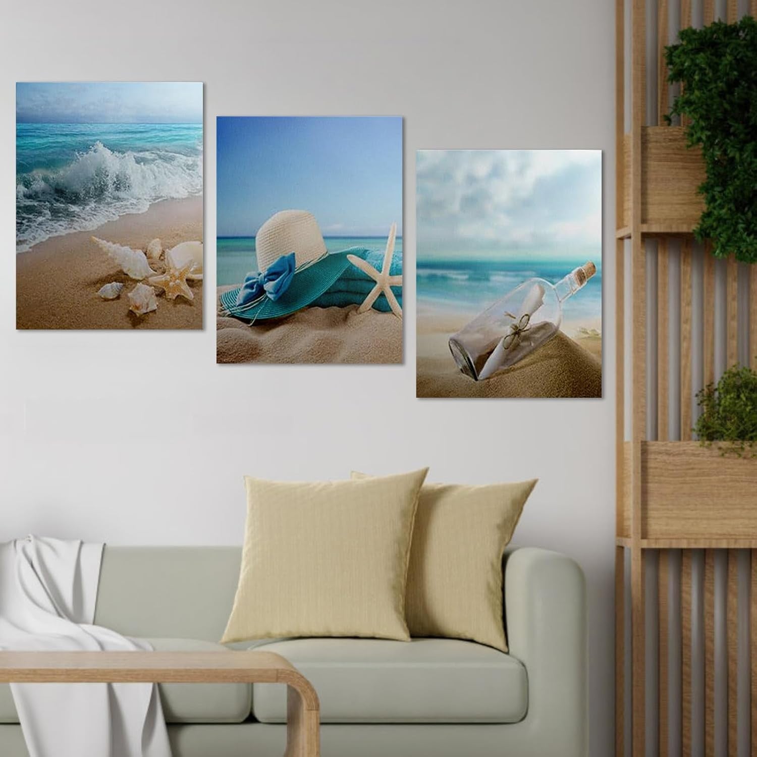Framed Beach Canvas Wall Art Set of 3 16x12 Coastal Decor