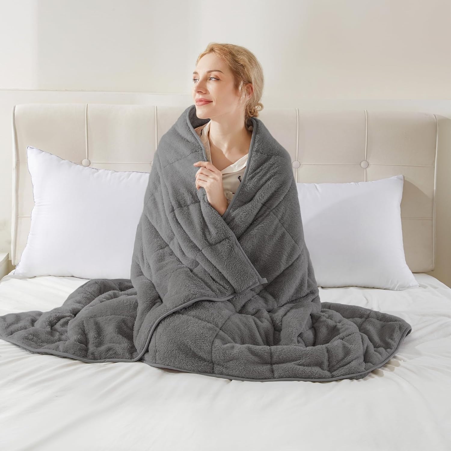 8kg Weighted Blanket, Dark Grey Teddy Fleece Quilted 150x200cm Anxiety Relief