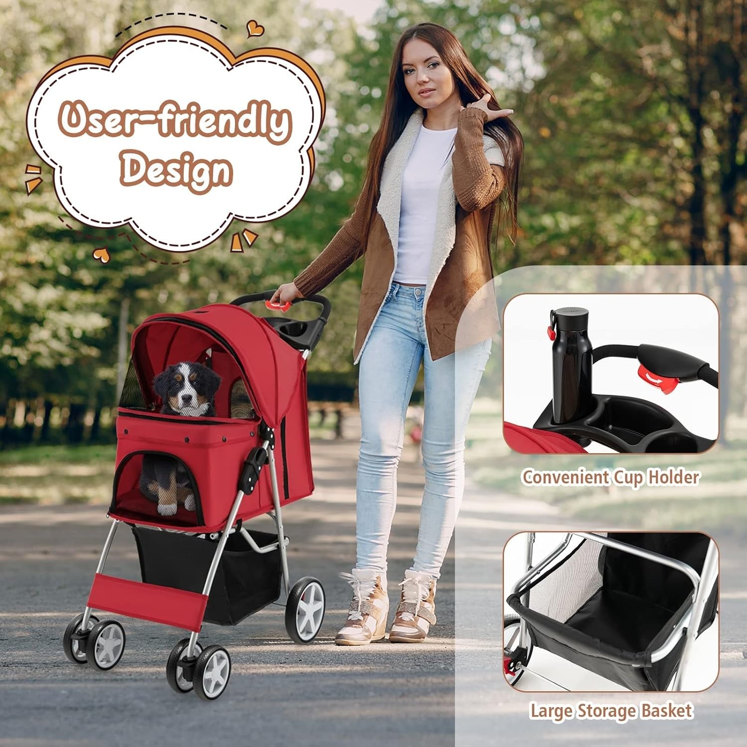 Red Foldable Pet Stroller Pushchair with 4 Wheels for Small Dogs & Cats