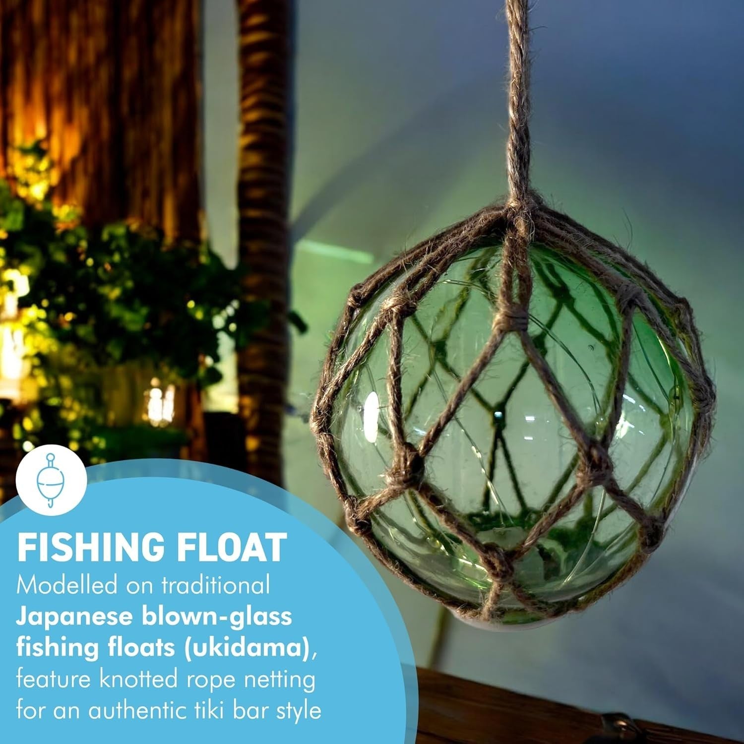 Green Glass Fishing Buoy LED Light Nautical Decor Hanging Tiki Bar Ornament 10cm