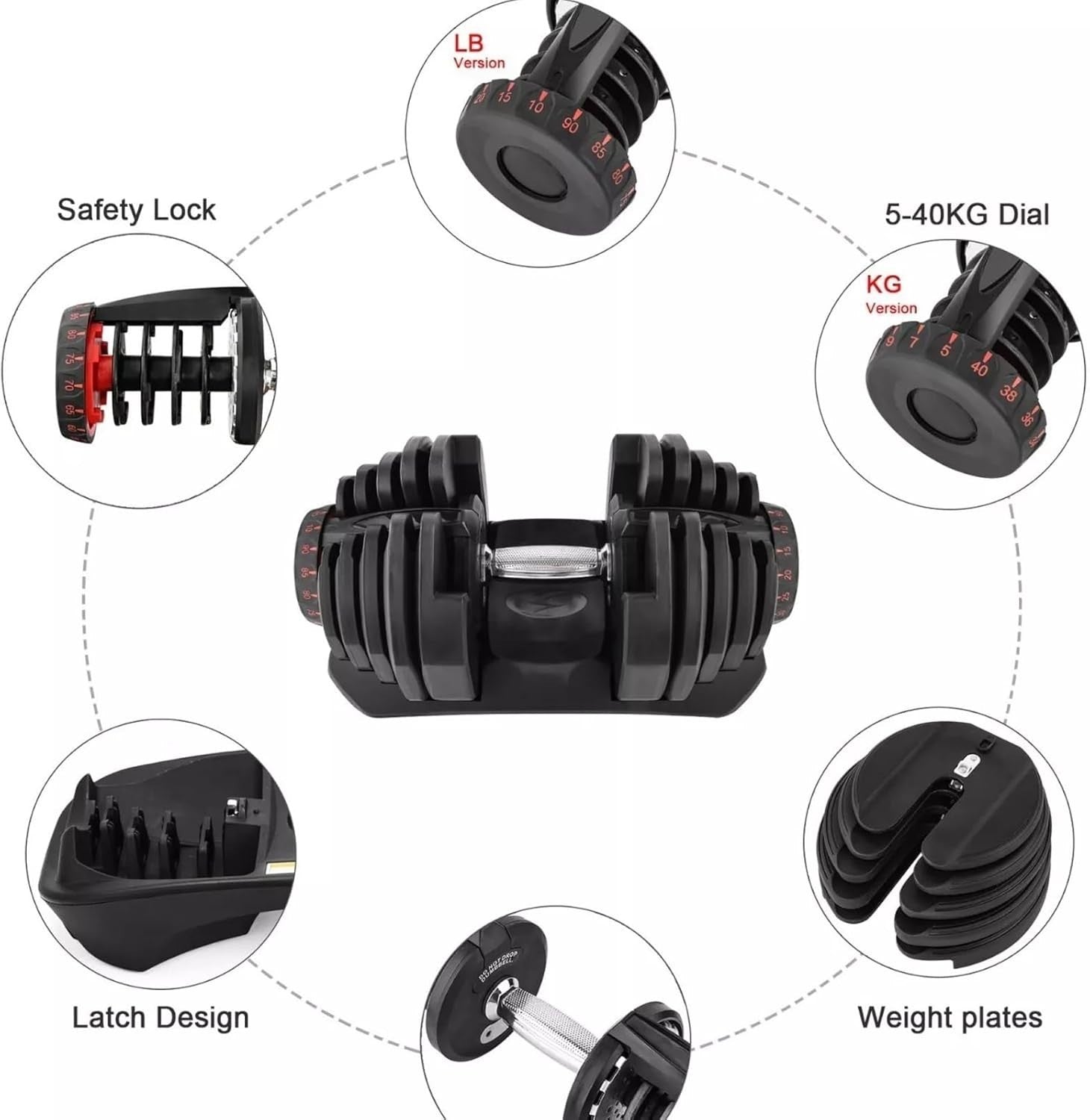 Adjustable Dumbbell 5–40kg Quick Dial Space Saving Home Gym Weight