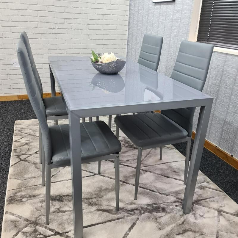 Grey Glass Dining Table Set with 4 Leather Chairs Modern Kitchen Furniture