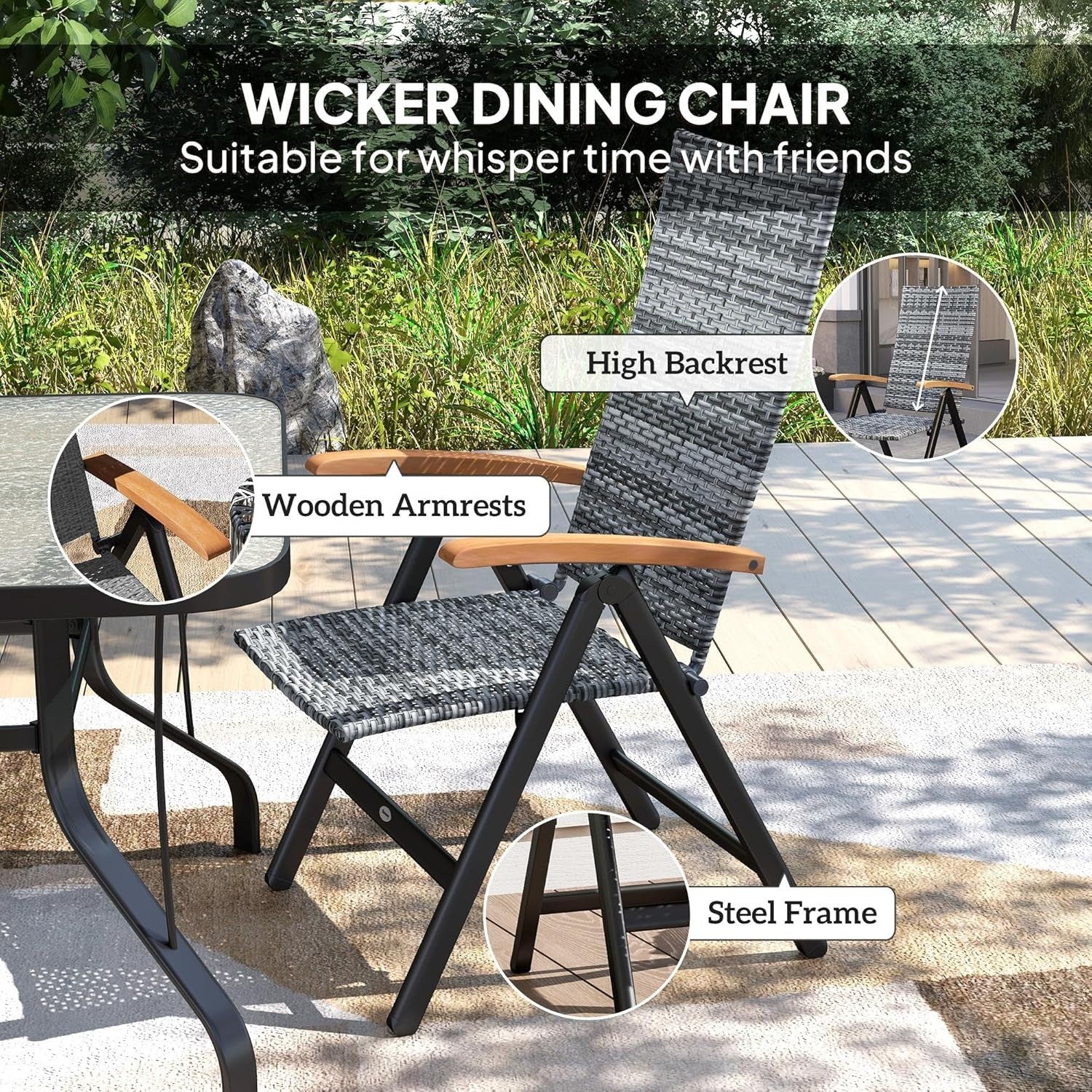 Light Grey Folding Recliner Chair High Back Rattan Patio Garden Seat