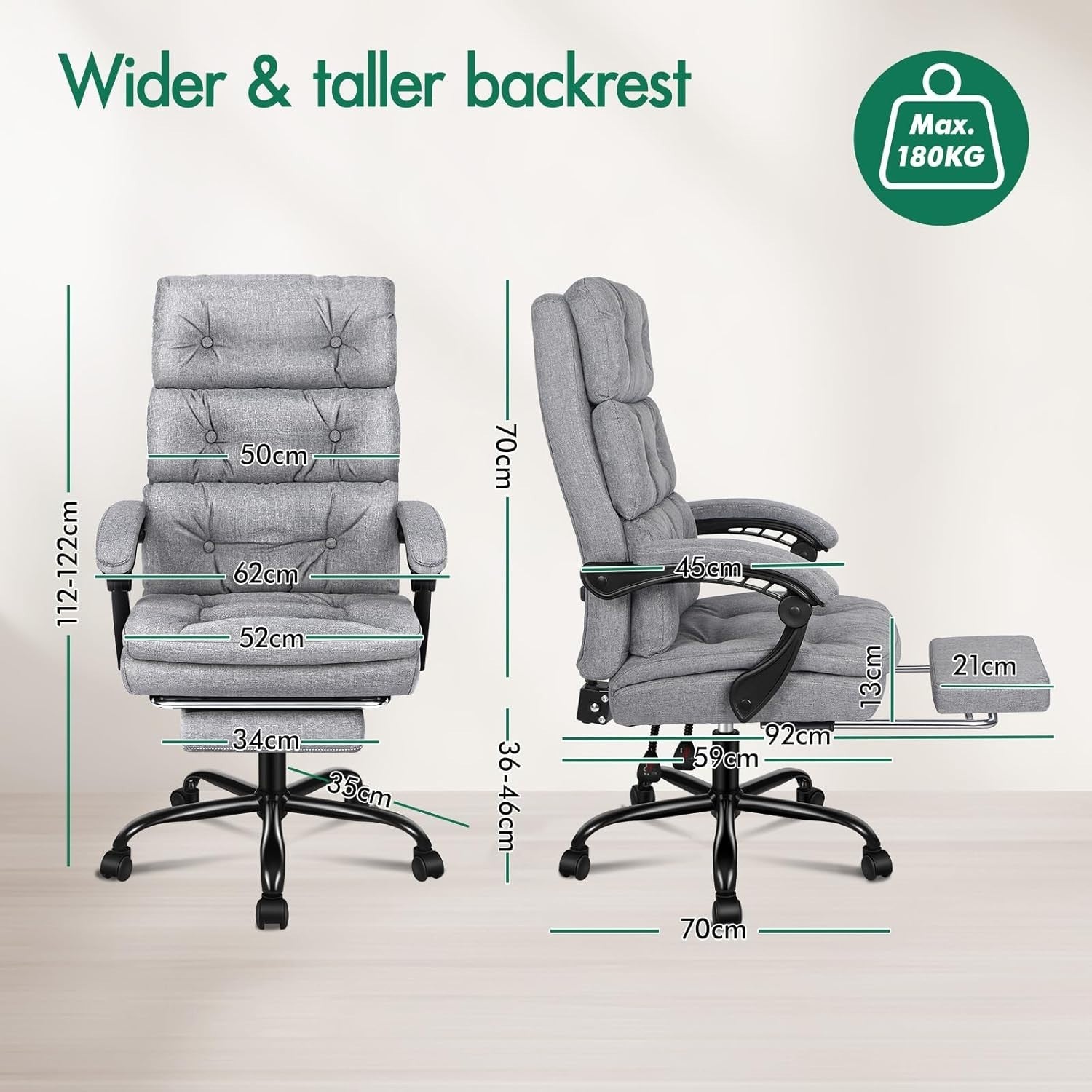 Executive Ergonomic Office Chair Recliner Footrest Swivel 180kg Max Weight Grey