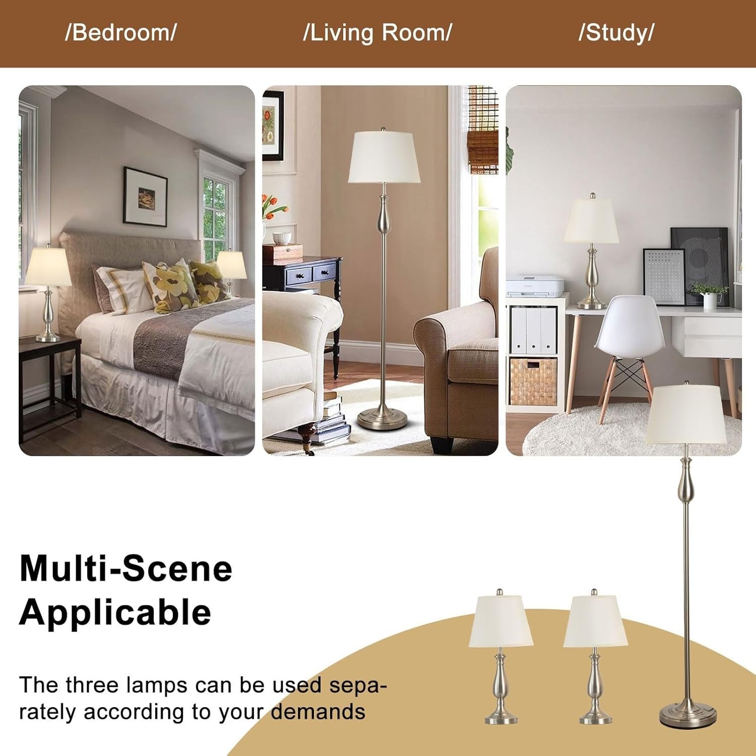 3-Piece Floor & Table Lamp Set with Soft Linen Shades, Silver, 51x25x51cm