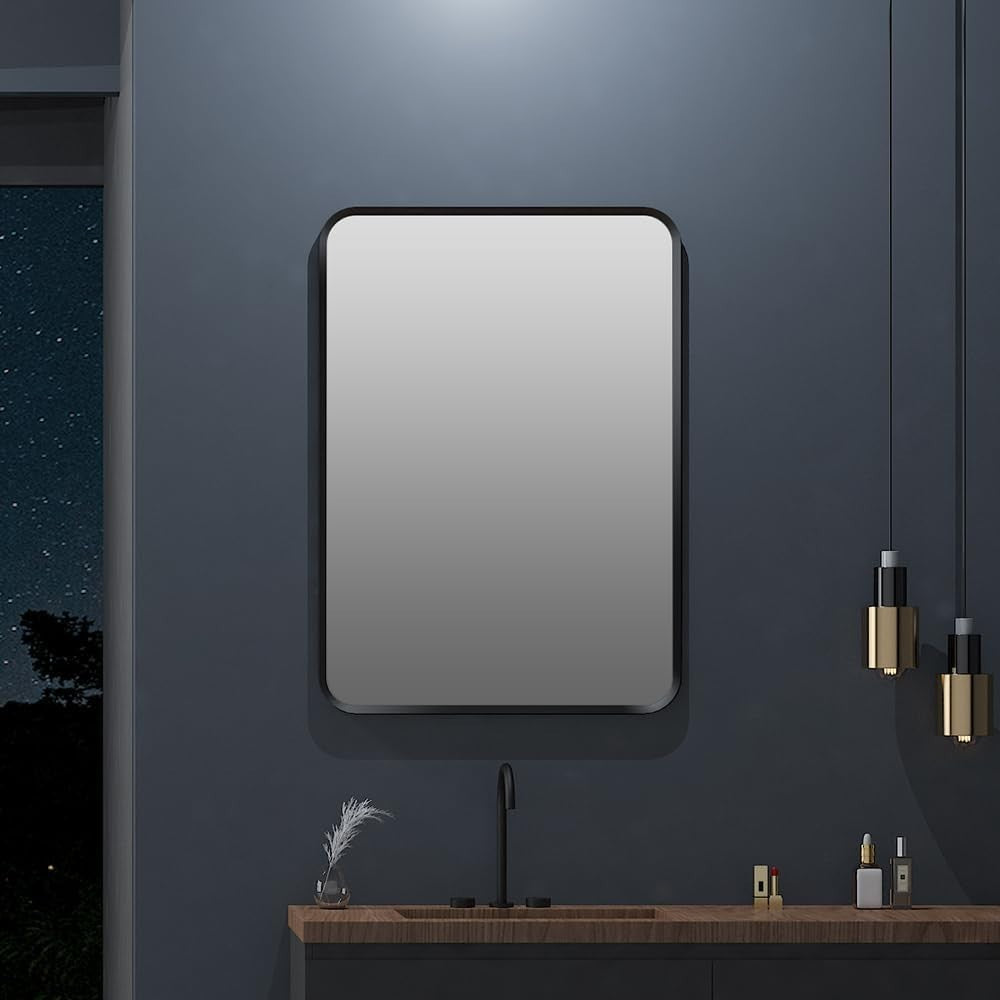 Black 50x70cm Bathroom Wall Mirror with Rounded Corners & Aluminum Frame