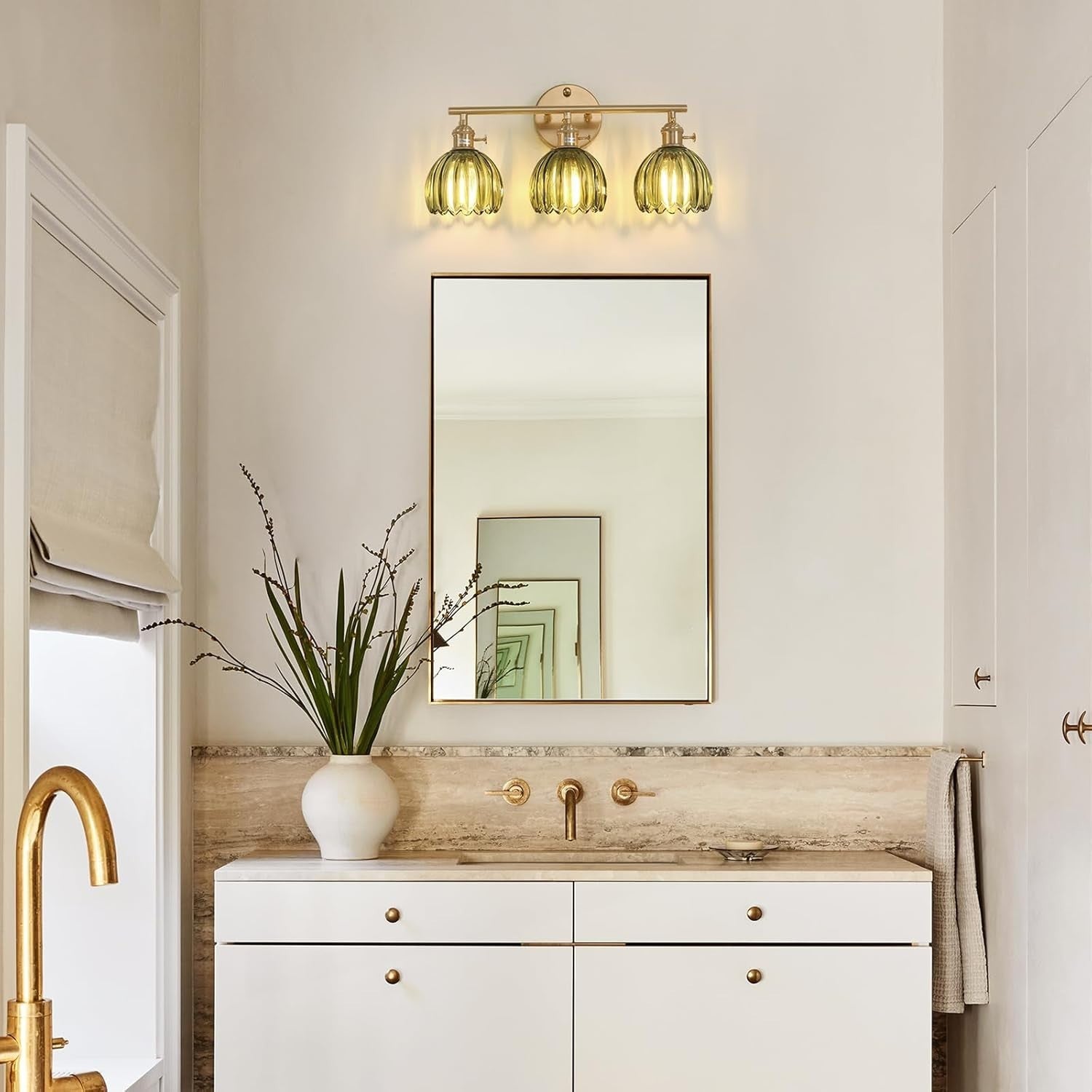 3-Light Green Glass Wall Sconce Vanity Light Brass Fixture Bathroom Mirror