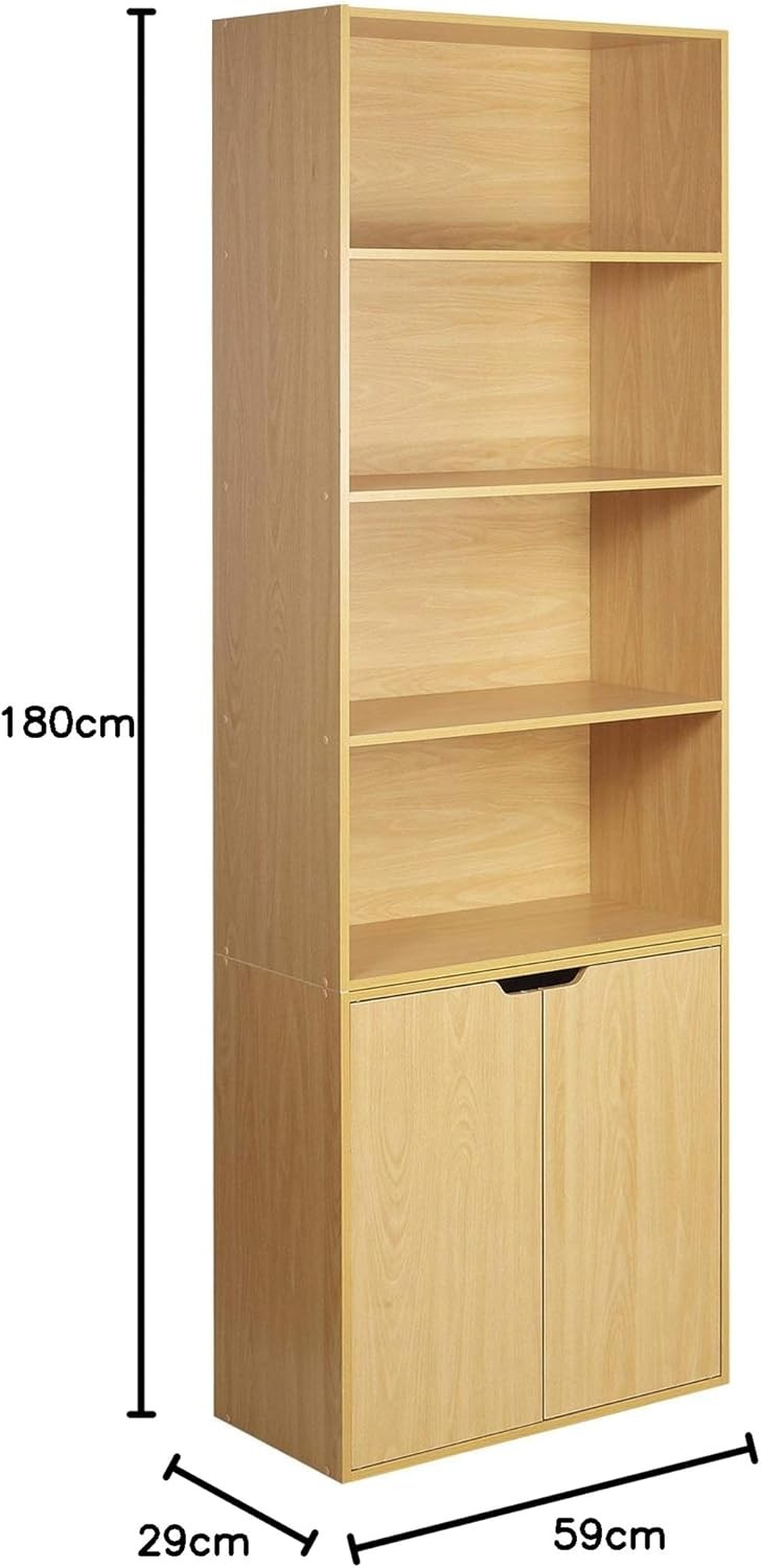 Beech 6 Tier Bookshelf with Cupboard Modern Storage Unit 59x29x180cm