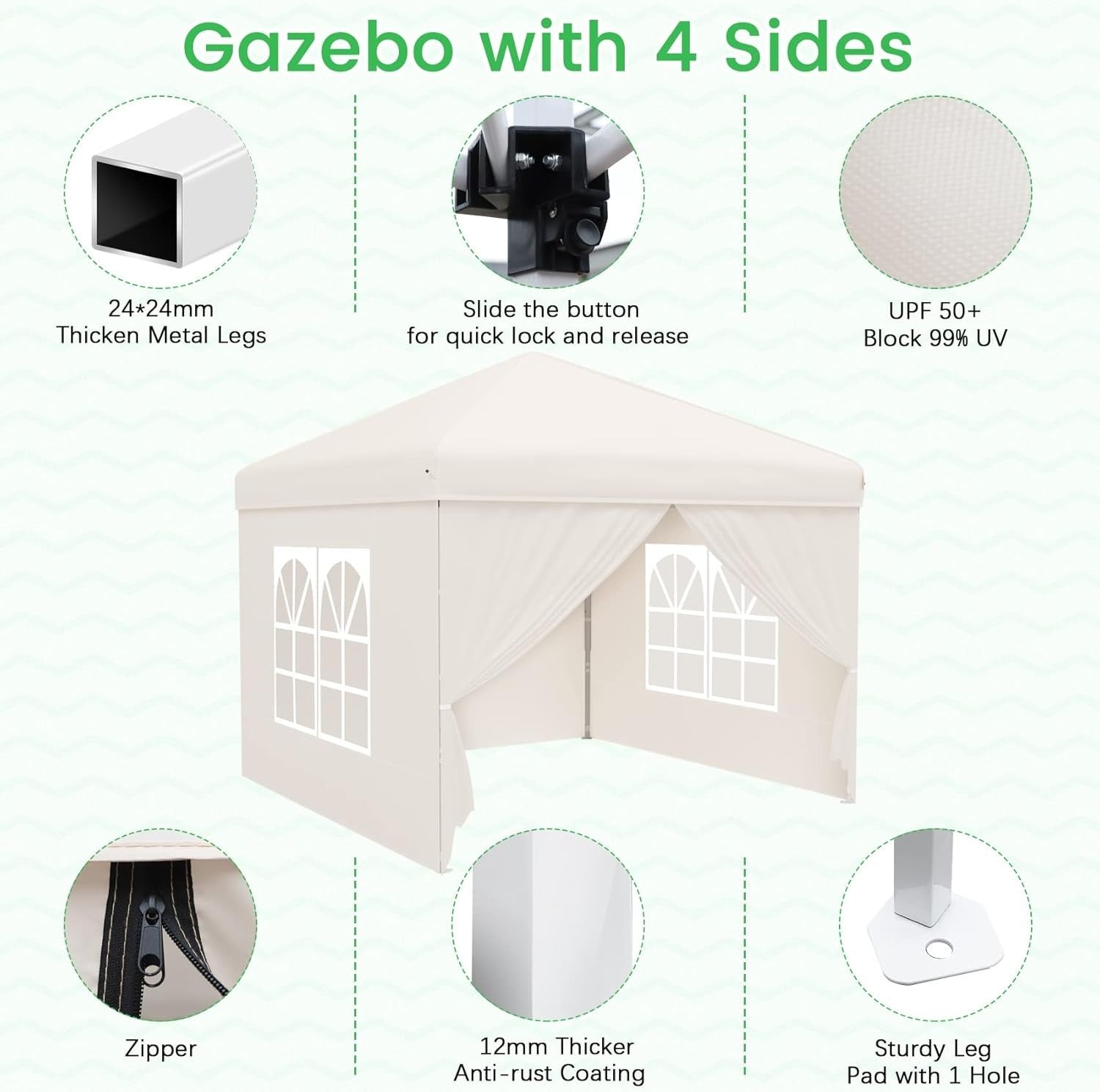 2.5x2.5M Pop Up Gazebo With Sides Windows Waterproof Garden Party Tent Khaki