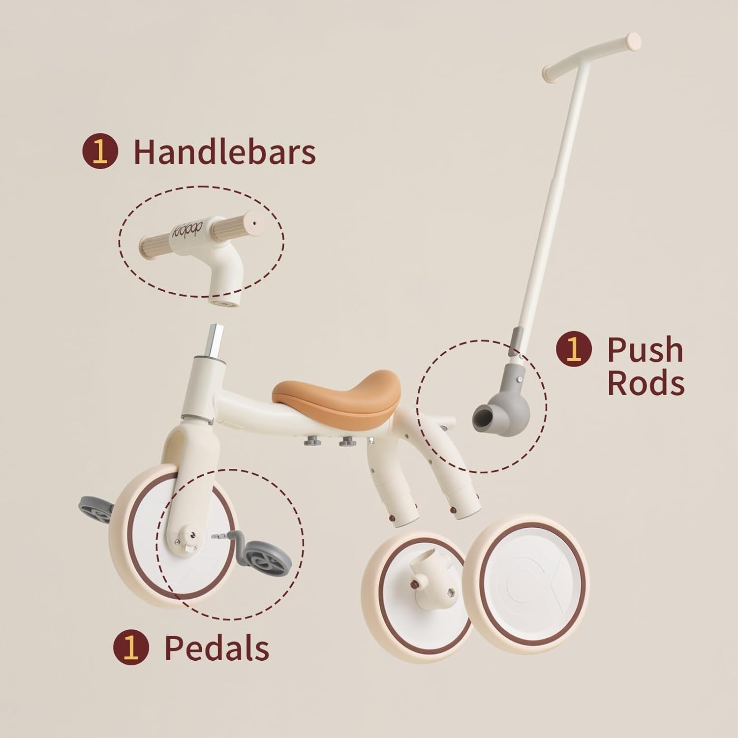 4 in 1 Kids Trike Balance Bike Scooter Push Trike EVA Wheels Beige