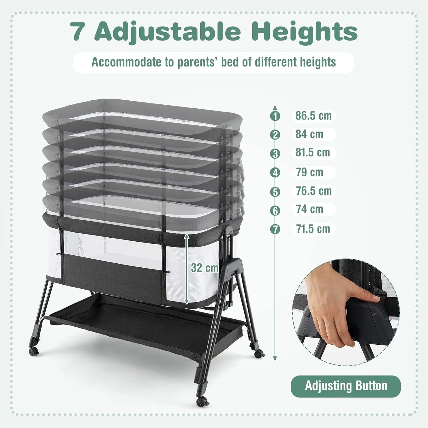 Baby Bedside Crib with Mattress, 7 Height Adjustable, Mesh Sides & Storage Shelf