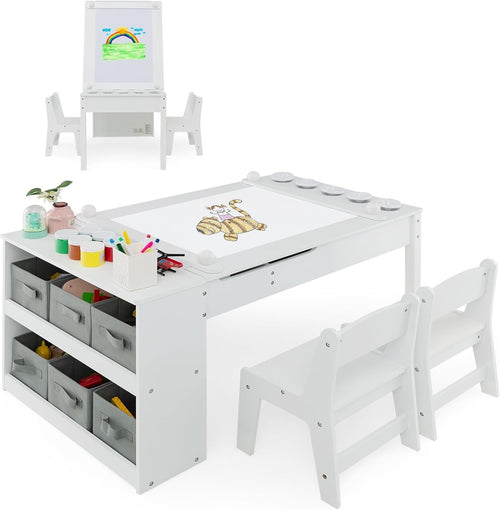 Kids Activity Table & 2 Chairs Set w/ Storage, Paper Roll, 5 Paint Cups