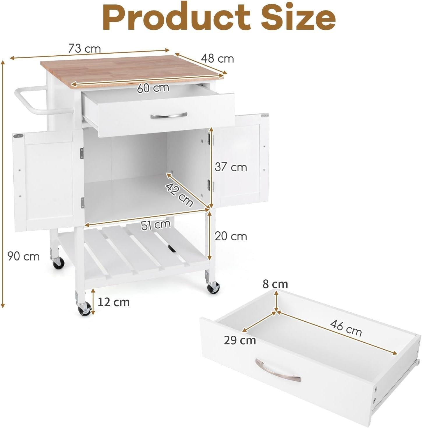 Rolling Kitchen Island Cart with Drawer Cabinet Shelf & Towel Rack White